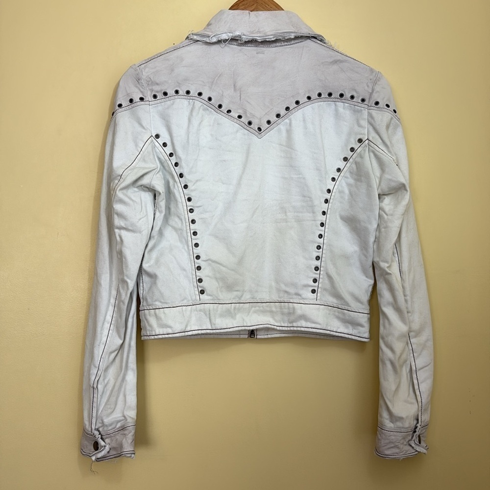 Jakket NY | Cream White Leather & Twill Riveted Studded Zip Pocket Moto Jacket S - Picture 15 of 16